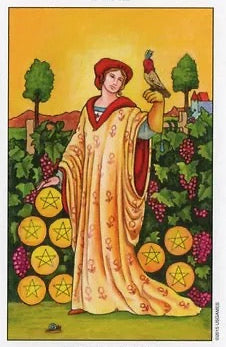 The Tarot Card 9th Of Pentacles featuring a figure holding a bird with pentacle symbols, labeled 'Nine Pentacles'.